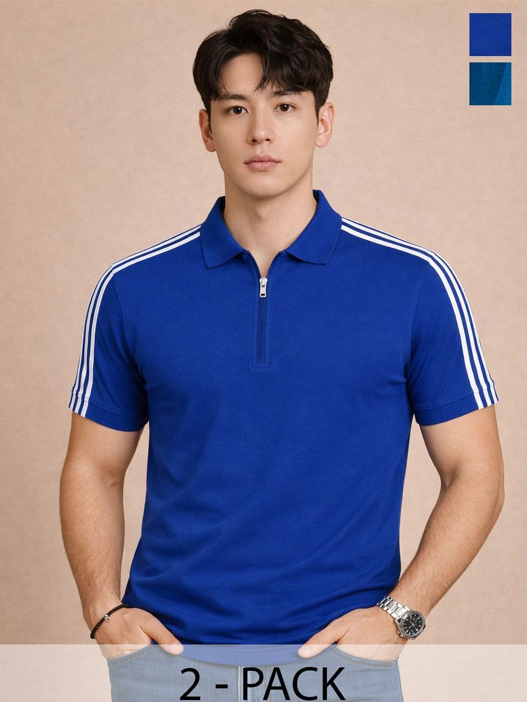 Organic Chics Men's Blue Striped Polo Collar Regular Fit T-shirt - view 1