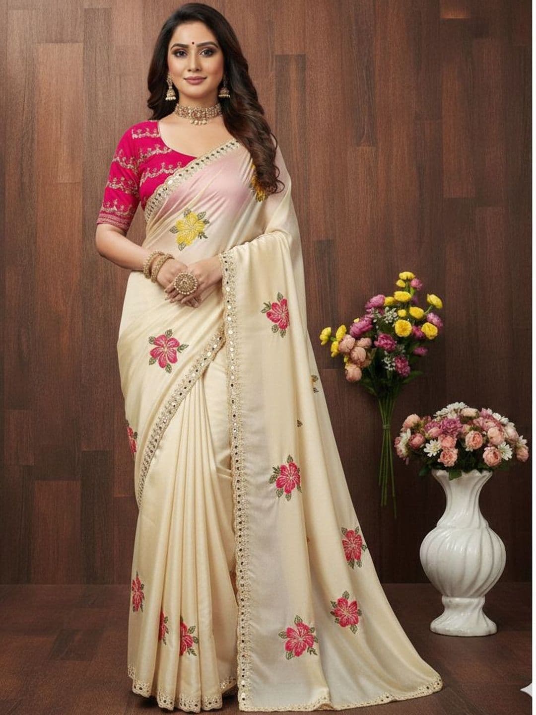 Sitanjali Floral Mirror Work Pure Georgette Saree - view 1