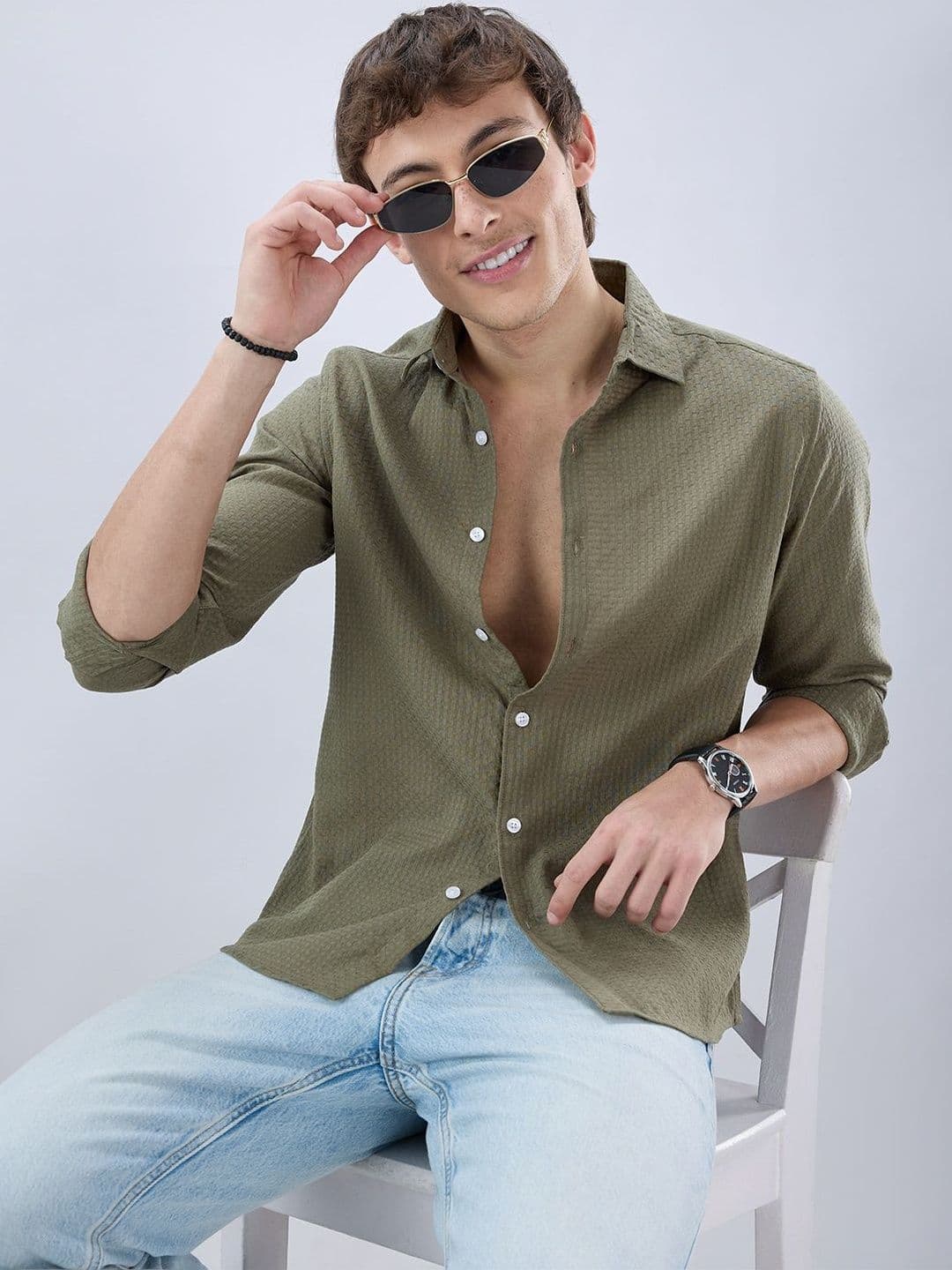 VASTRADO Olive Open Weave Refined Jacquard Checks Shirt - view 1