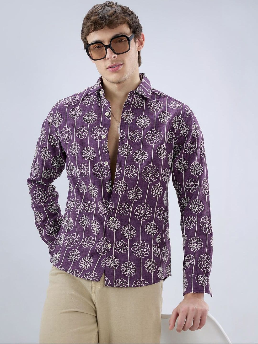 VASTRADO Aubergine Floral Embroidered Slub Shirt - view 1