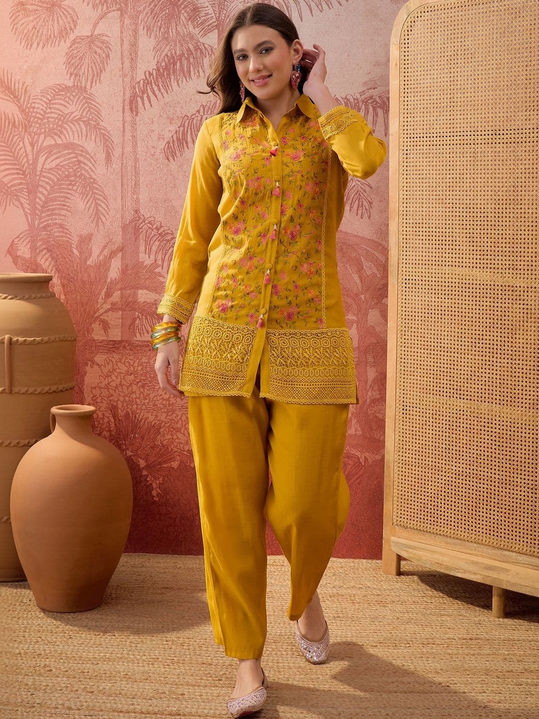 Sangria Indie Florals Chanderi Embroidered Tunic with Trousers - view 1