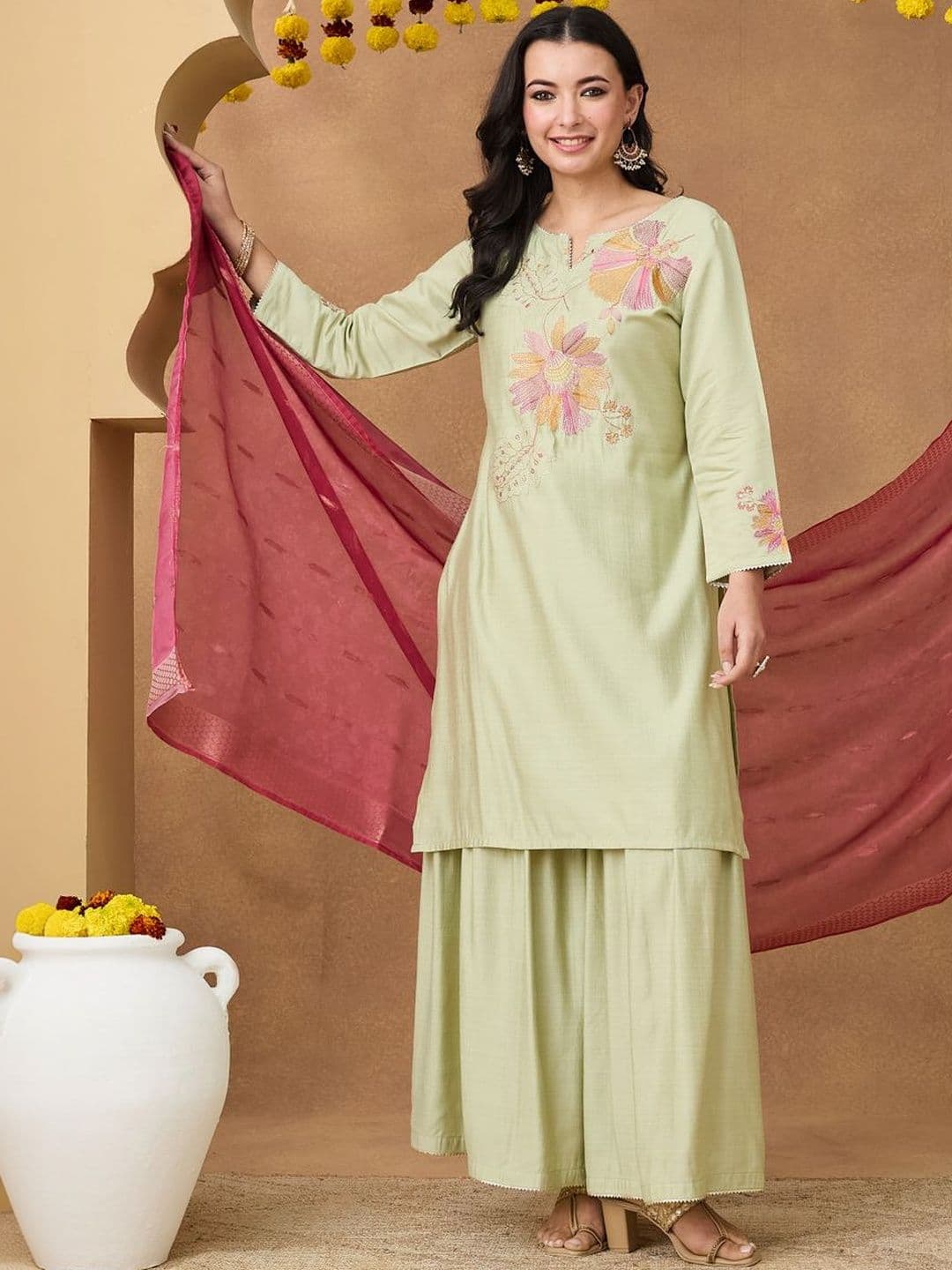 Sangria Embroidered Round Neck Kurta & Trousers With Dupatta - view 1