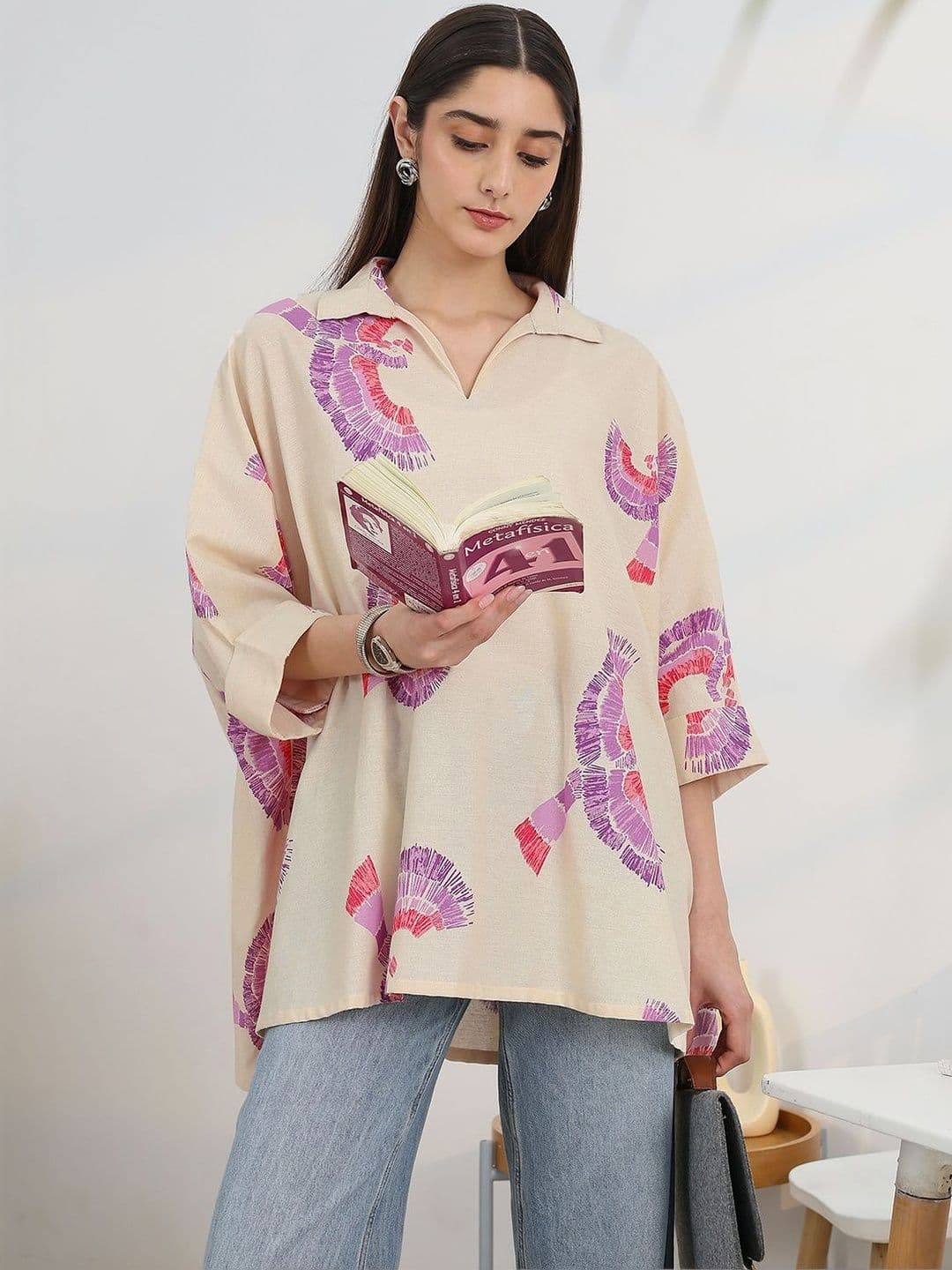 Libas Women Off White Printed Cotton A-Line Short Kurti - view 1