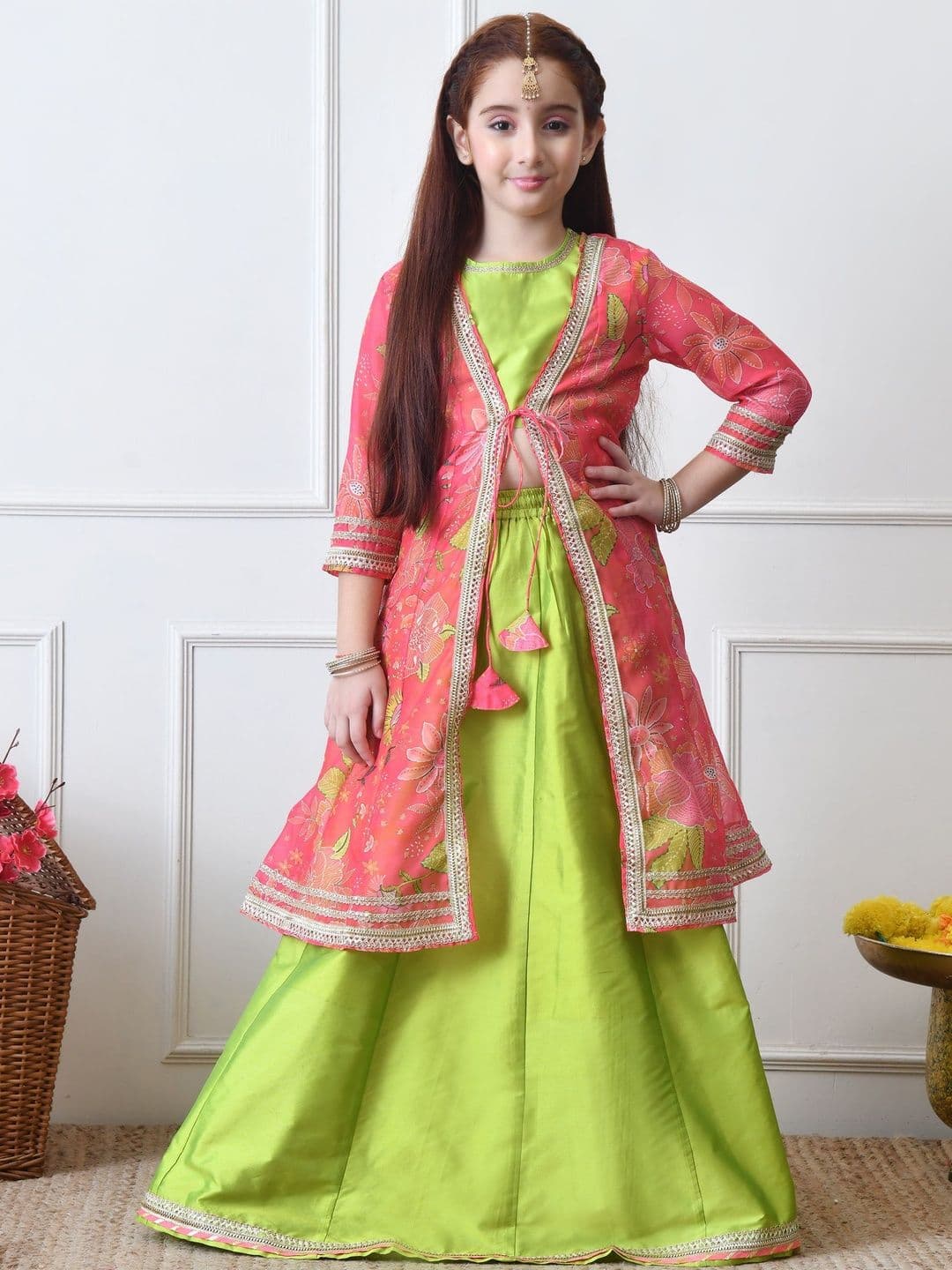 House of Pataudi Girls Embroidered Round Neck Flared Lehenga Choli with Printed Jacket - view 1