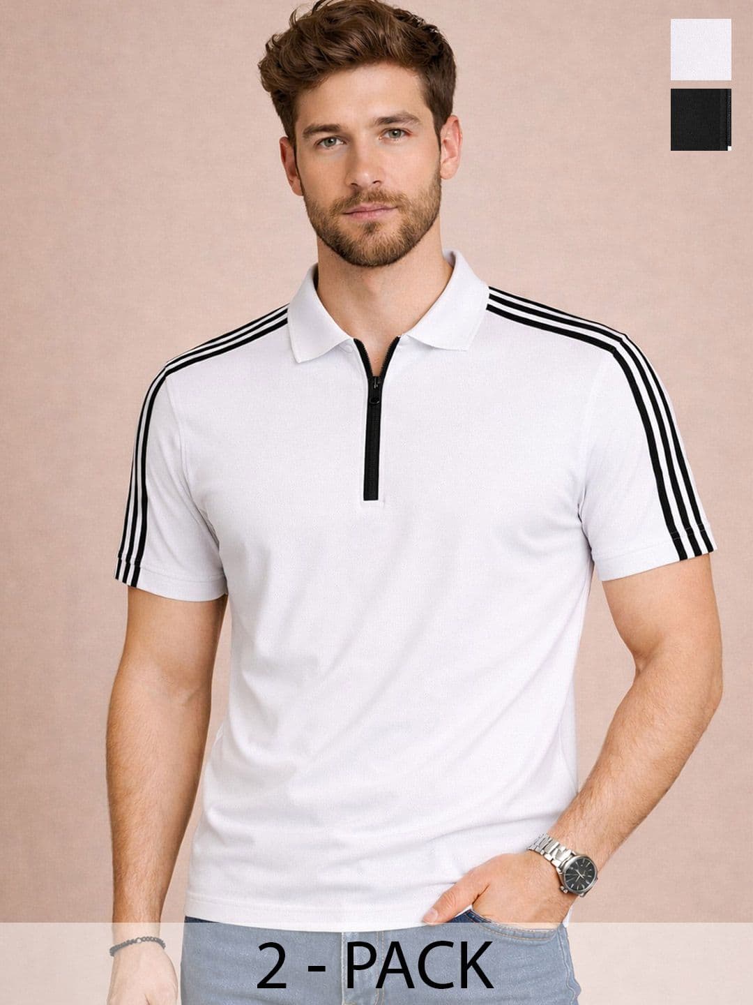 Organic Chics Men 2 Striped Polo Collar Dri-FIT Slim Fit T-shirt - view 1