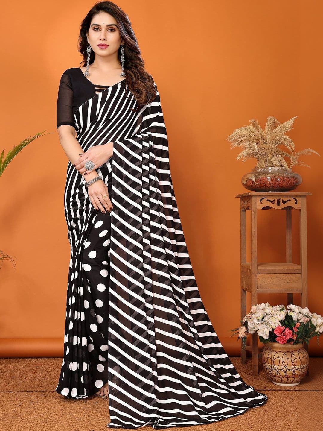 SZN Polka Dot Poly Georgette Half and Half Saree - view 1