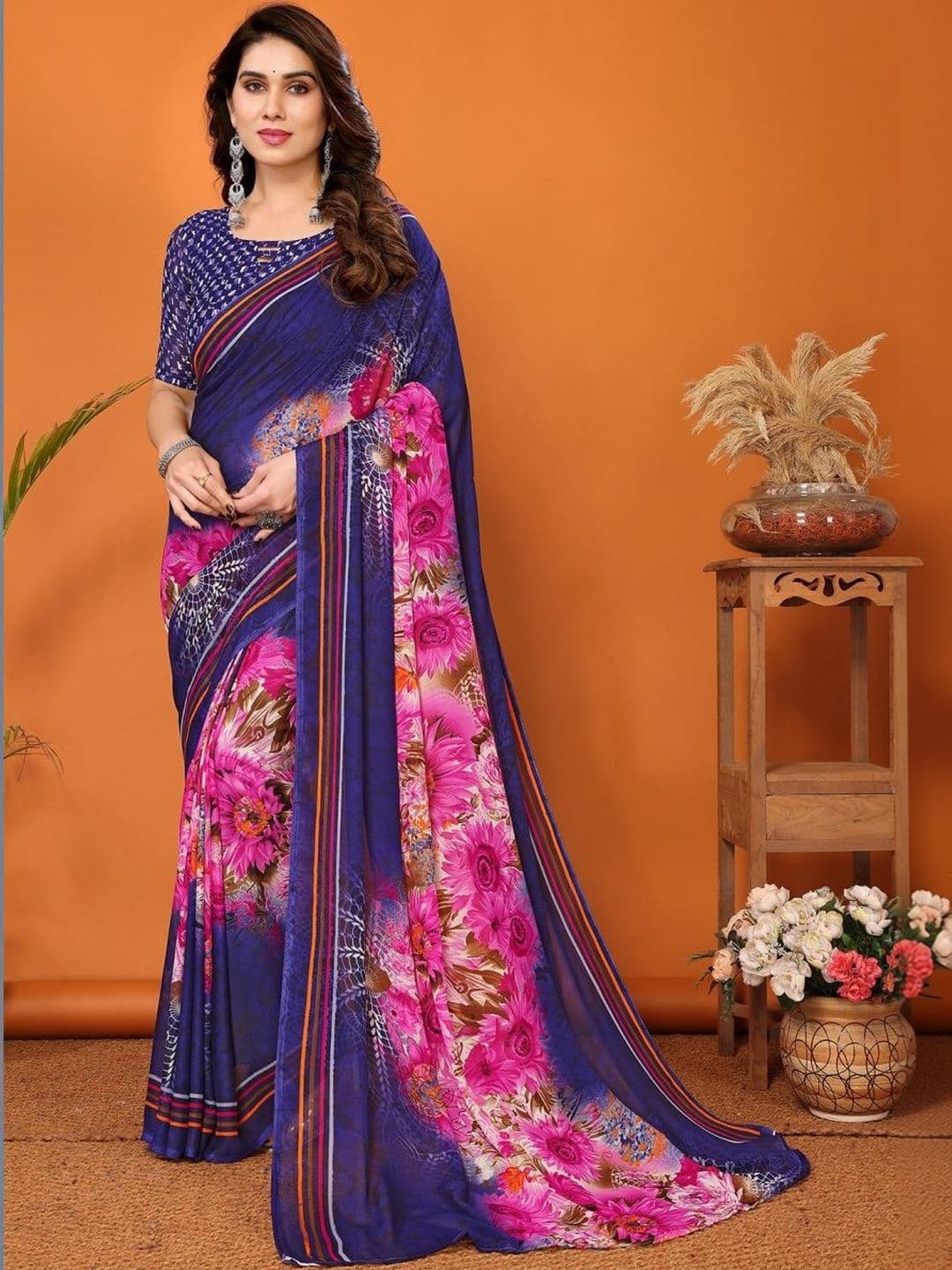 SZN Floral Poly Georgette Designer Saree - view 1