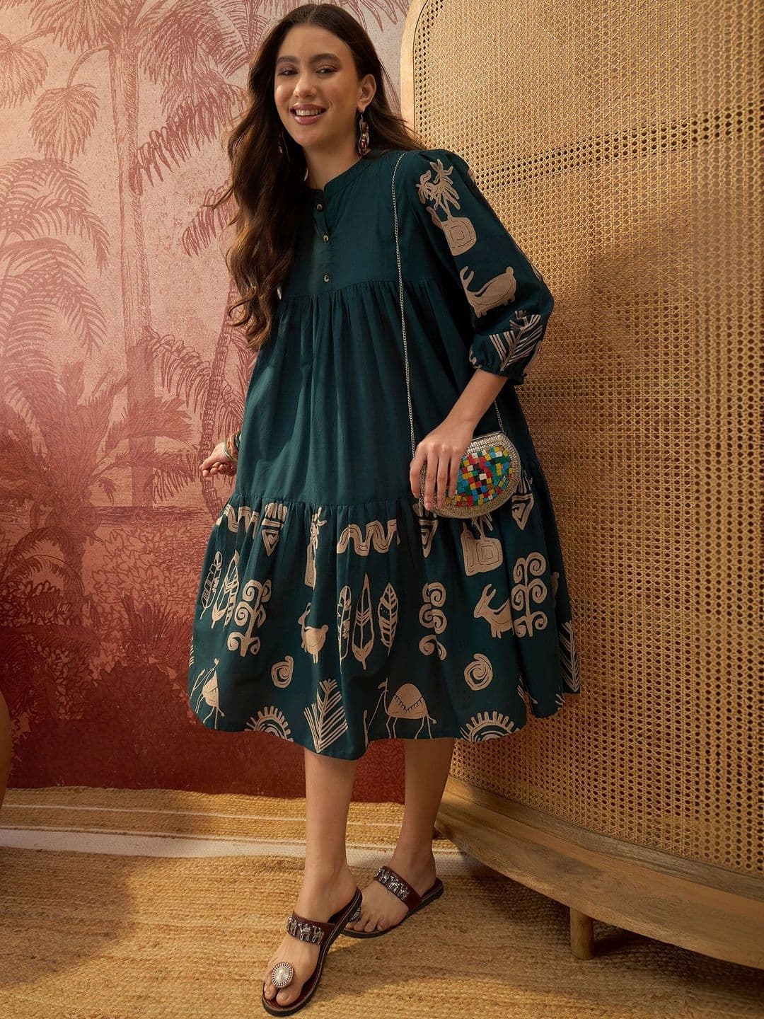 Sangria Printed Cotton Mandarin Collar Empire Knee Length Dress - view 1