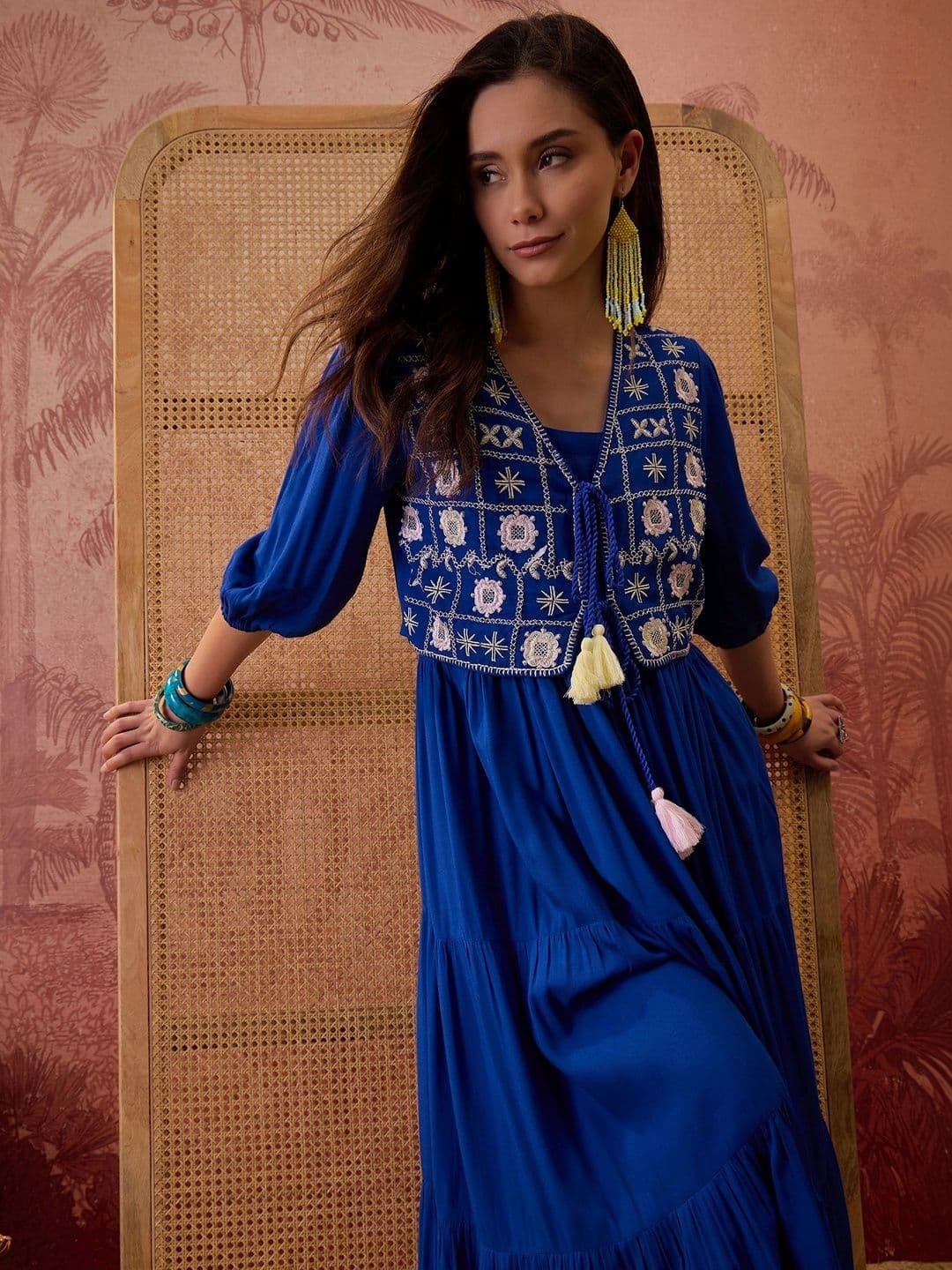 Sangria Round Neck Empire Maxi Dress with Embroidered Jacket - view 1