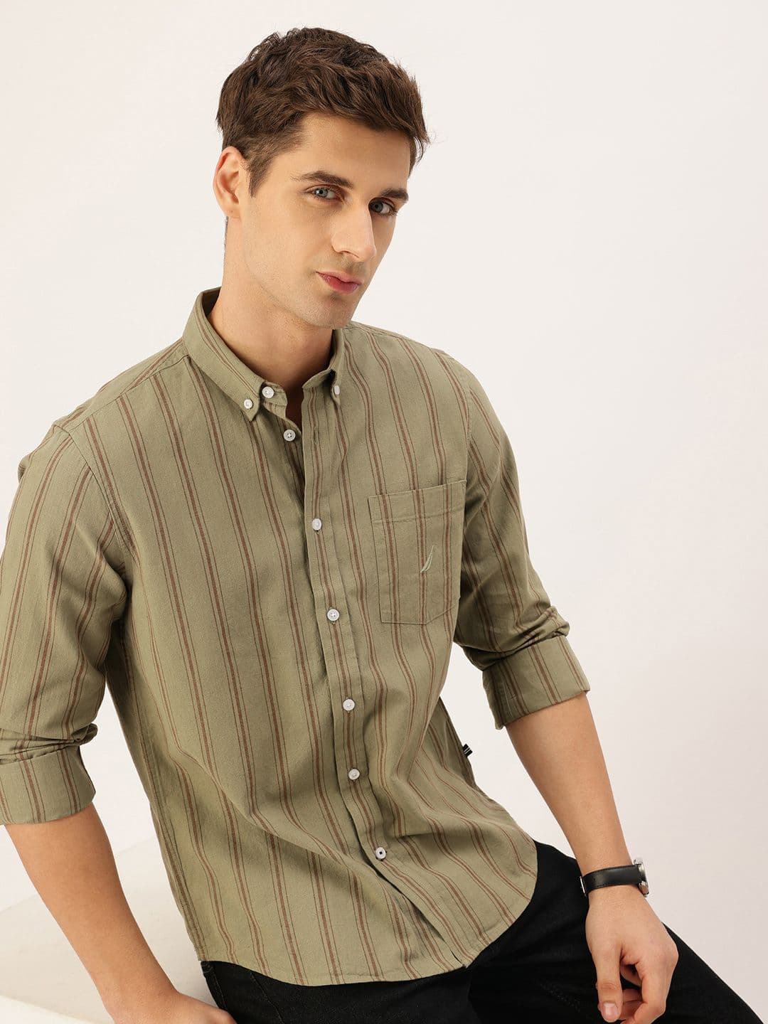 Nautica Cotton Linen Striped Slim Fit Casual Shirt - view 1