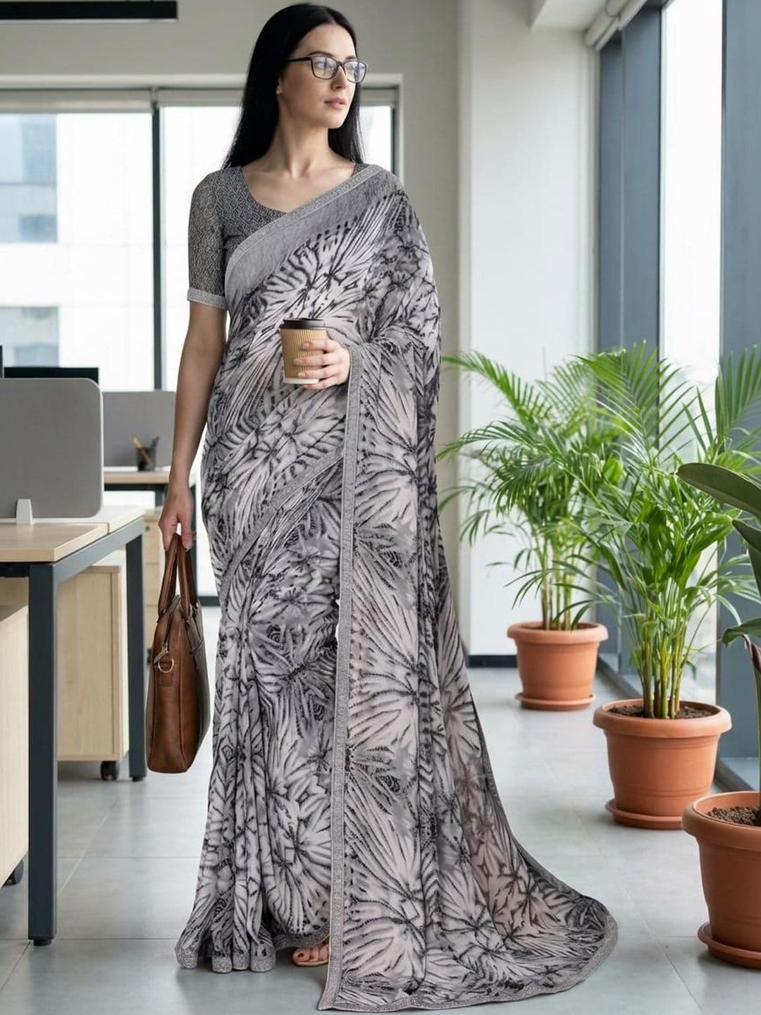 SZN Floral Beads and Stones Poly Georgette Designer Saree - view 1