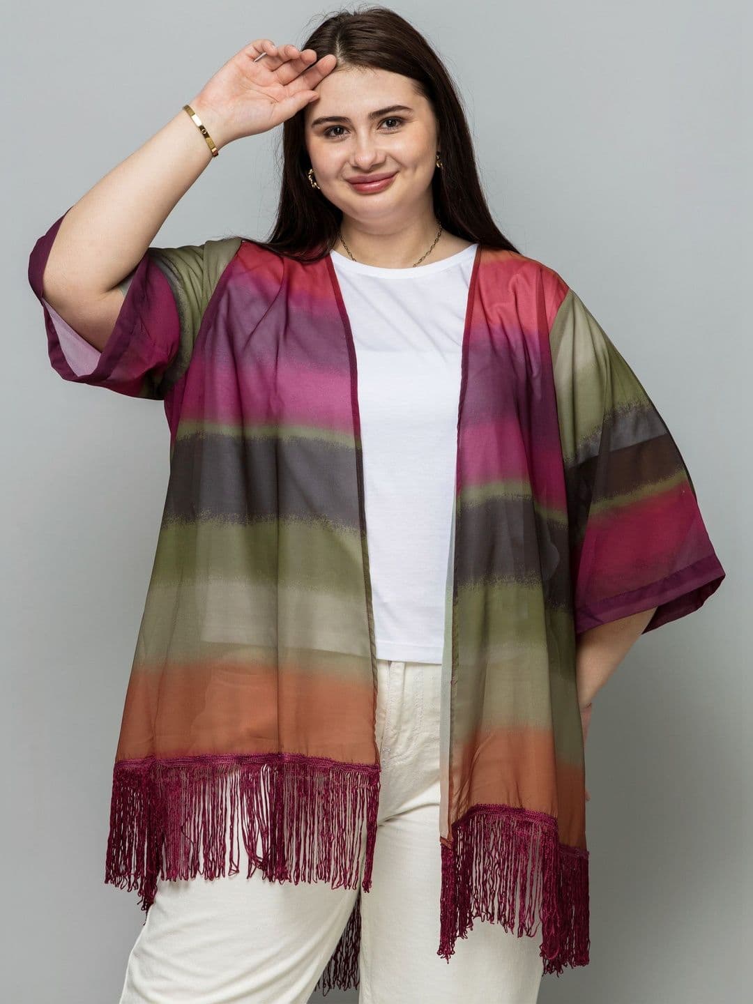 PURYS PLUS Women Colourblocked Tasselled Shrug - view 1