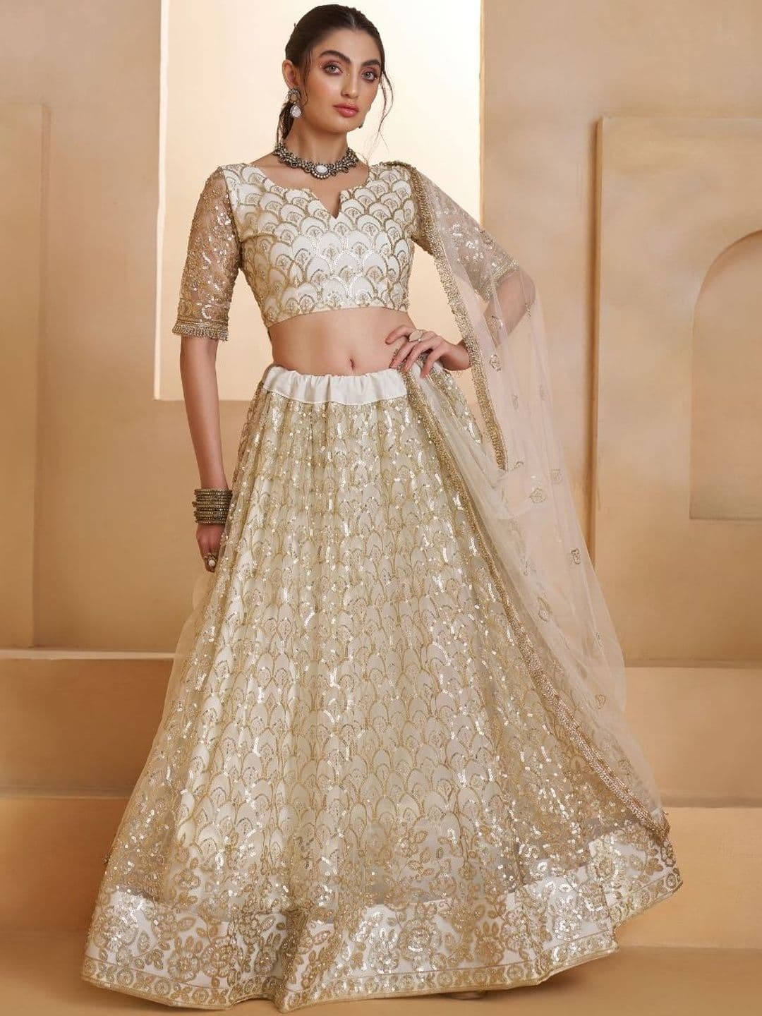 Ethniqlo Embroidered Beads and Stones Semi-Stitched Lehenga & Unstitched Blouse With Dupatta - view 1
