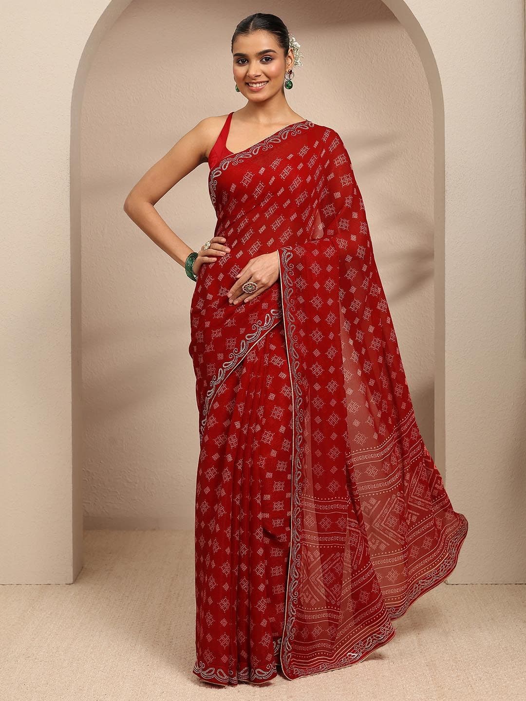 Libas Red Ethnic Motifs Printed Saree With Unstitched Blouse Piece - view 1
