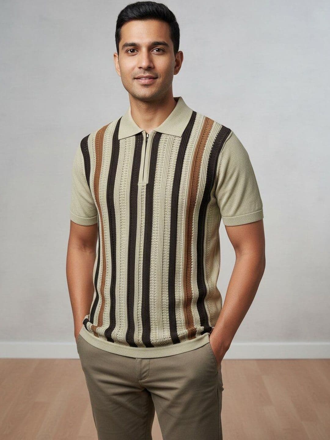 The Roadster Lifestyle Co Striped Pure Cotton Polo Collar Tshirt - view 1