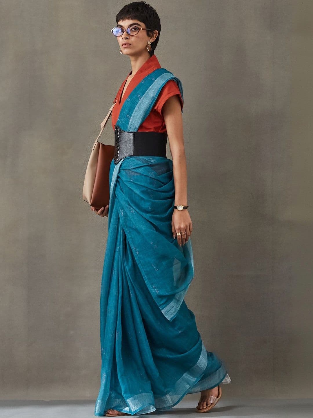 Navibhu Woven Design Cotton Blend Ready to Wear Saree with Blouse Piece - view 1