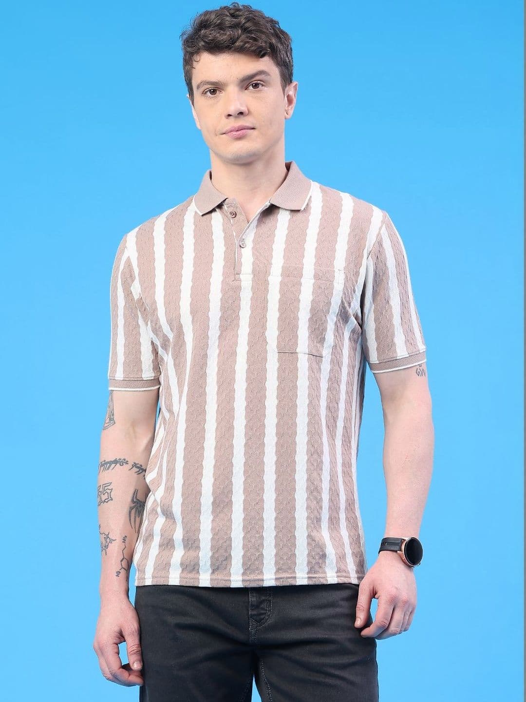 V-Mart Men Striped Polo Collar Pockets T-shirt - view 1