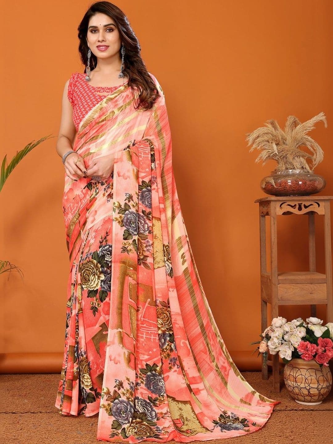 SZN Floral Poly Georgette Designer Saree - view 1