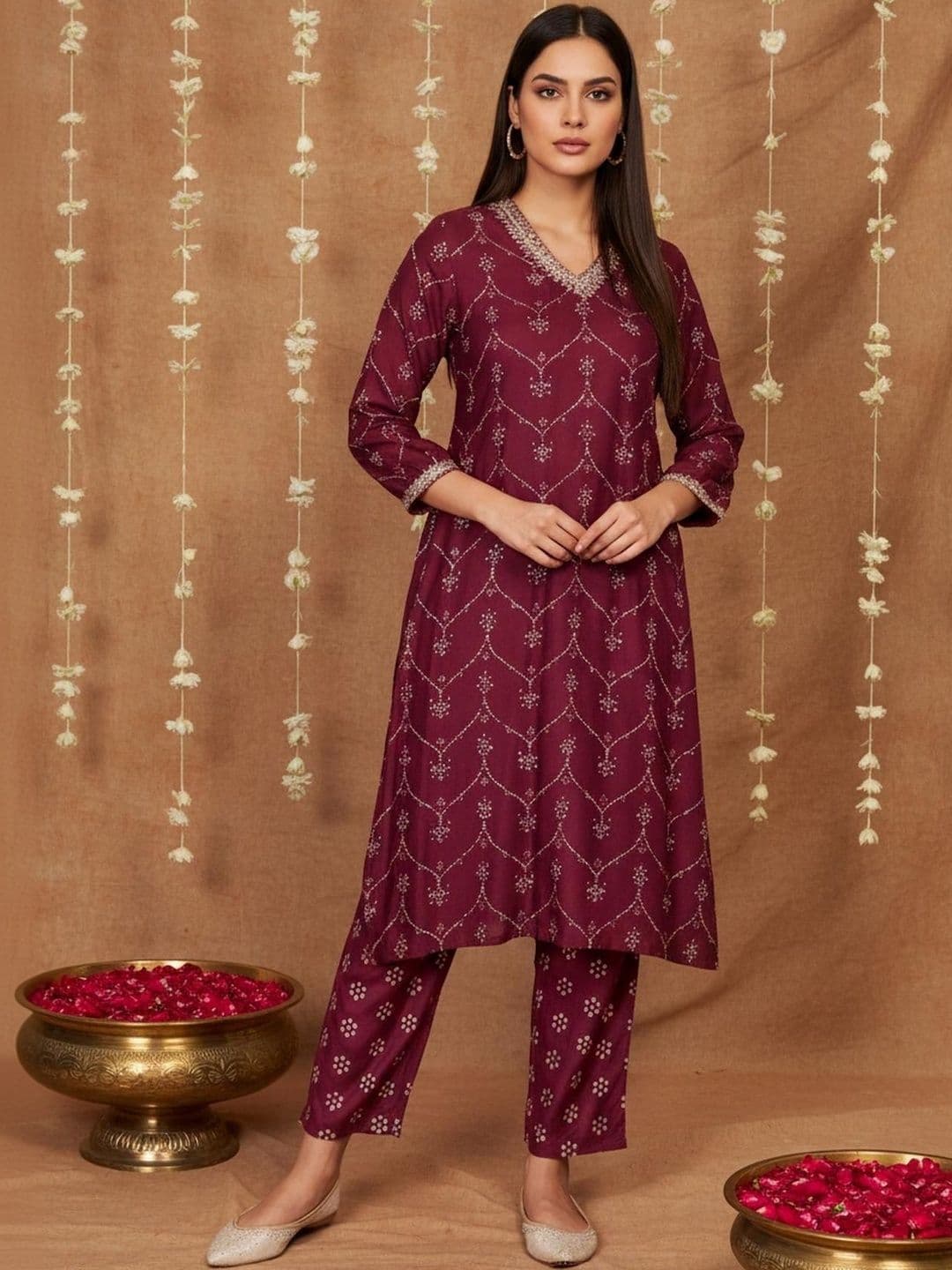 W Women Printed Thread Work Kurta with Trousers - view 1