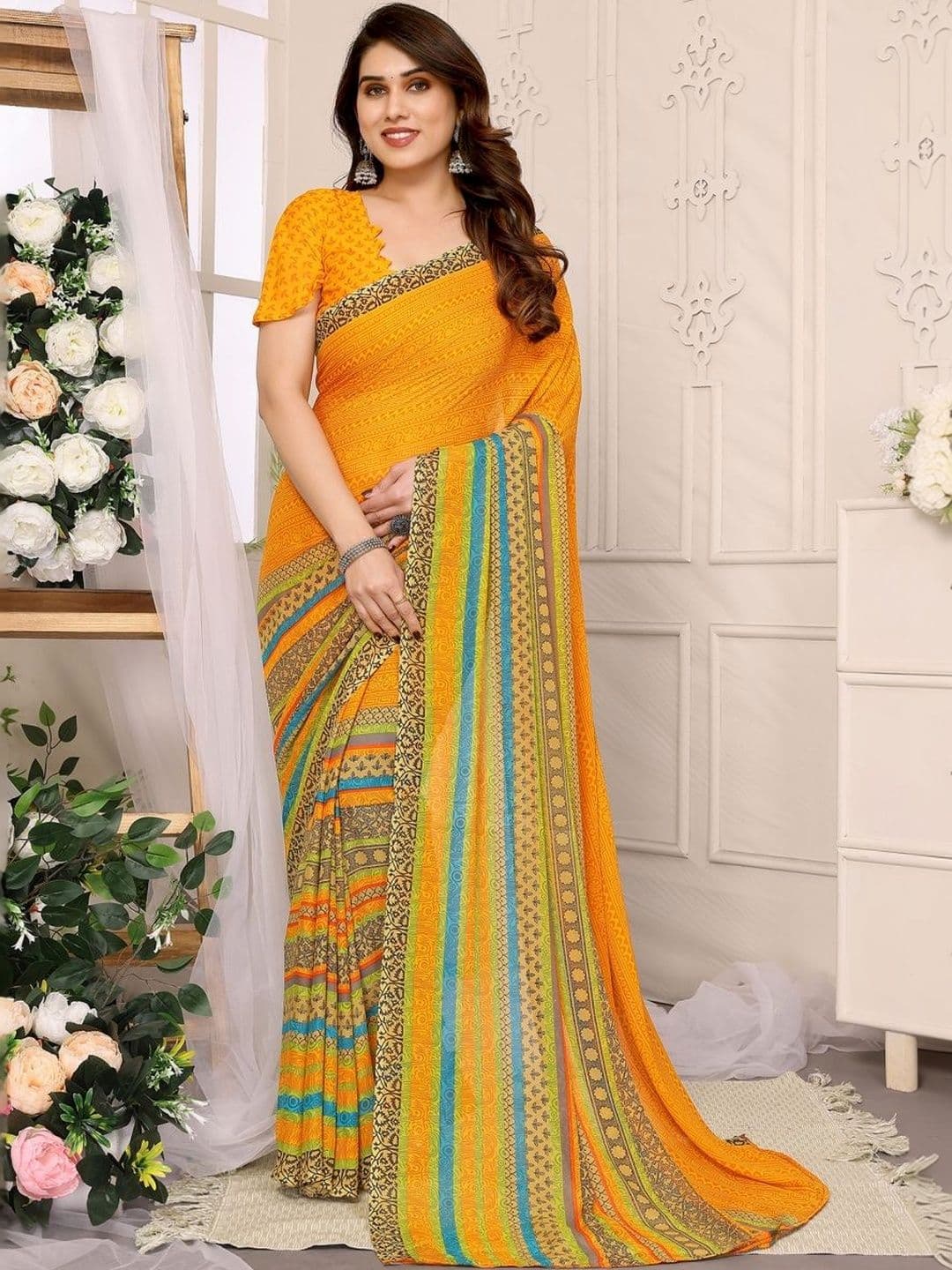 SZN Floral Poly Georgette Designer Saree - view 1