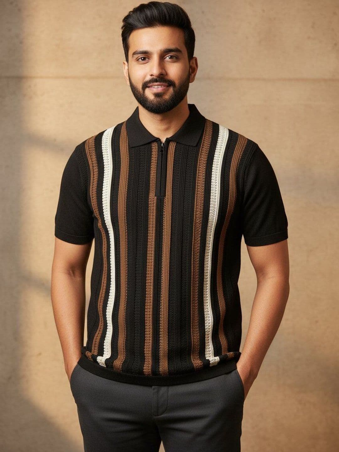 The Roadster Lifestyle Co Striped Pure Cotton Polo Collar Tshirt - view 1