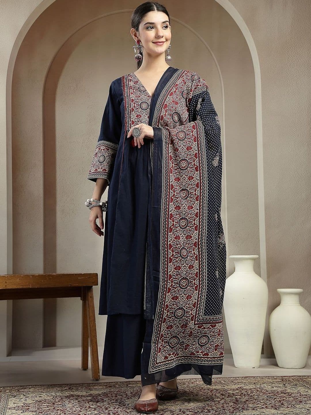 Sangria Printed Pure Cotton V-Neck Kurta & Trousers With Dupatta - view 1