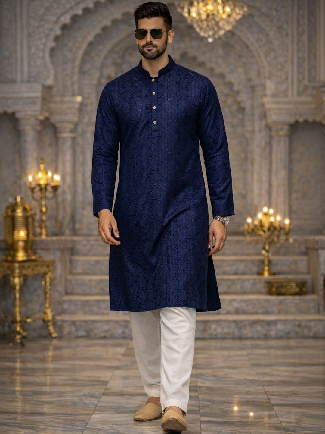 House of Pataudi Embroidered Mandarin Collar Knee Length Straight Kurta - view 1