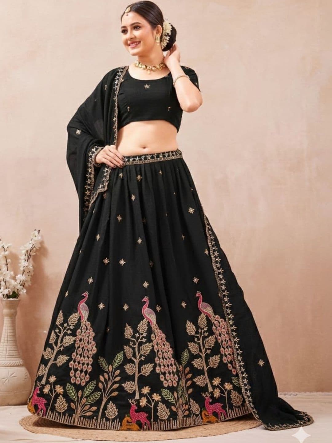 Mfh Mishti fashion hub Embellished Thread Work Semi-Stitched Lehenga & Blouse With Dupatta - view 1