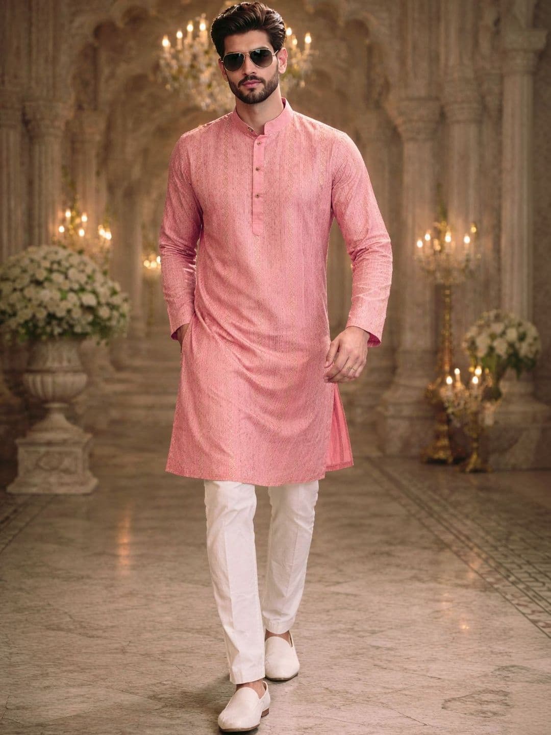 House of Pataudi Embroidered Mandarin Collar Knee Length Straight Kurta - view 1