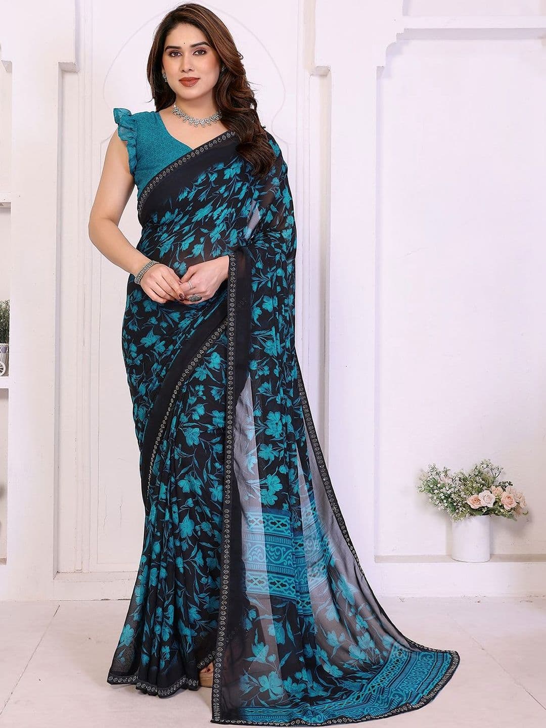 SZN Floral Beads and Stones Poly Georgette Designer Saree - view 1