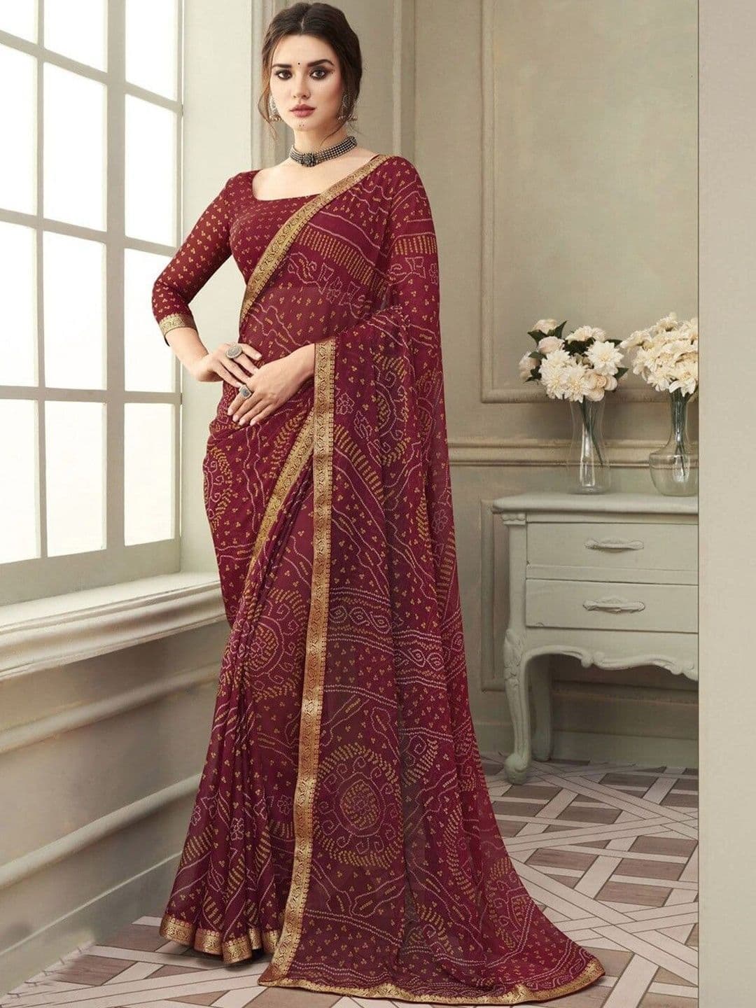 Shiv Textiles Bandhani Poly Chiffon Saree - view 1