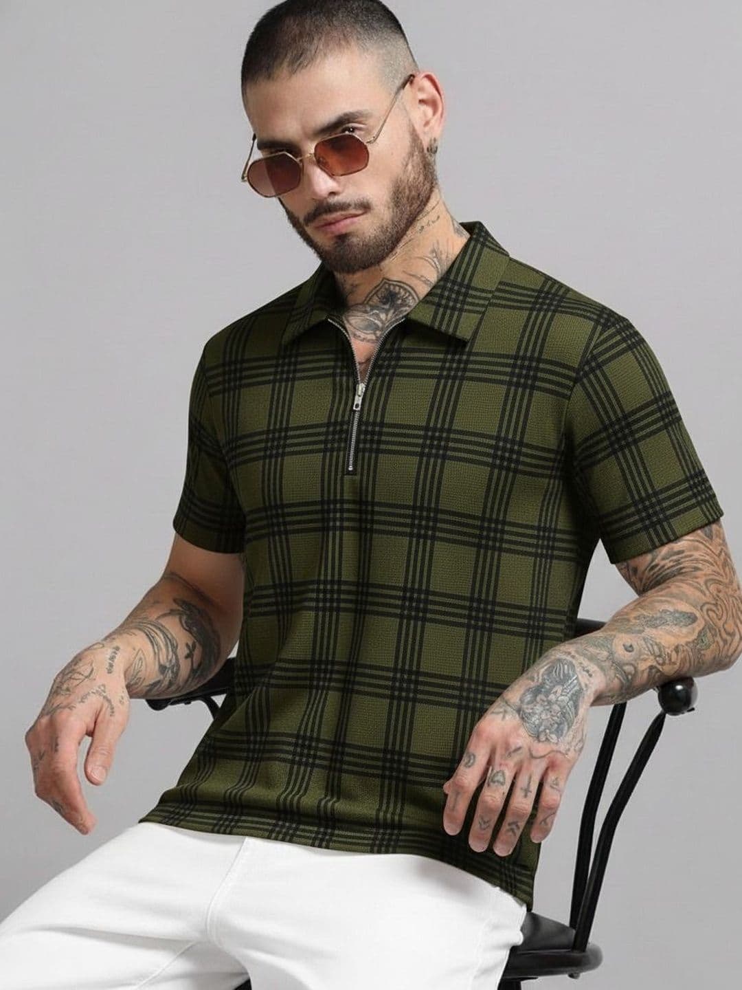 R.Code by The Roadster Life Co. Men Checked Polo Collar T-shirt - view 1