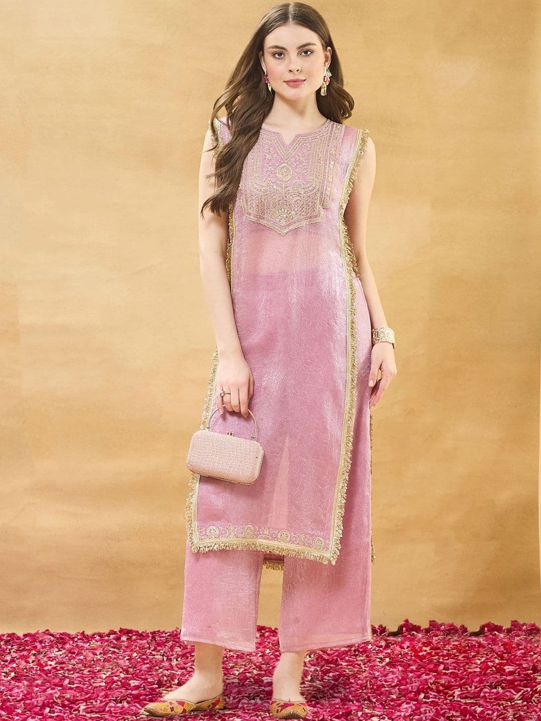 Colors of Earth Colors of Earth Silk Kurta And Spaghetti Blouse With Palazzo Set - view 1
