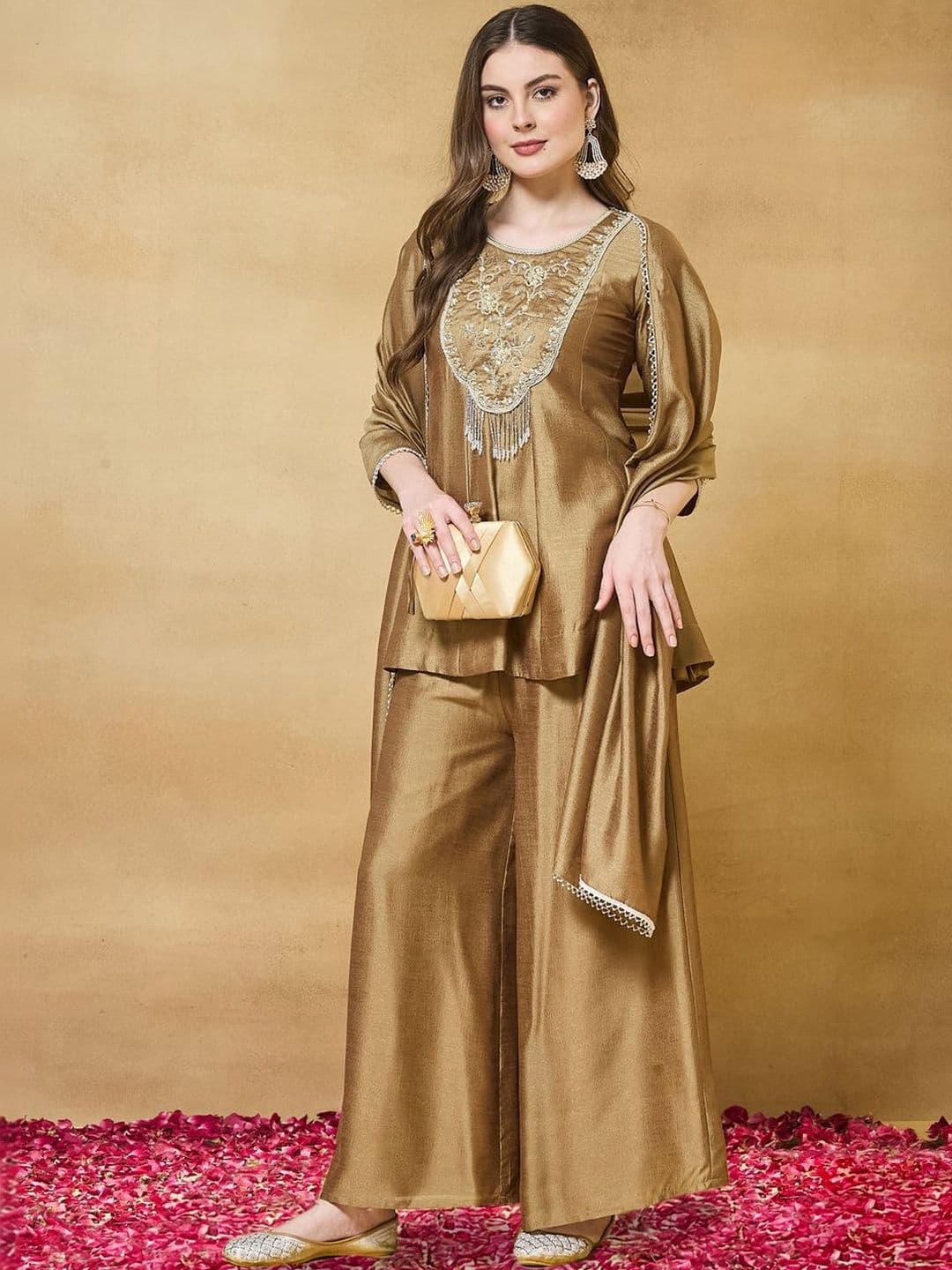 Colors of Earth Colors of Earth Silk Embroidered Beadswork Peplum Kurti And Sharara Set With Dupatta - view 1
