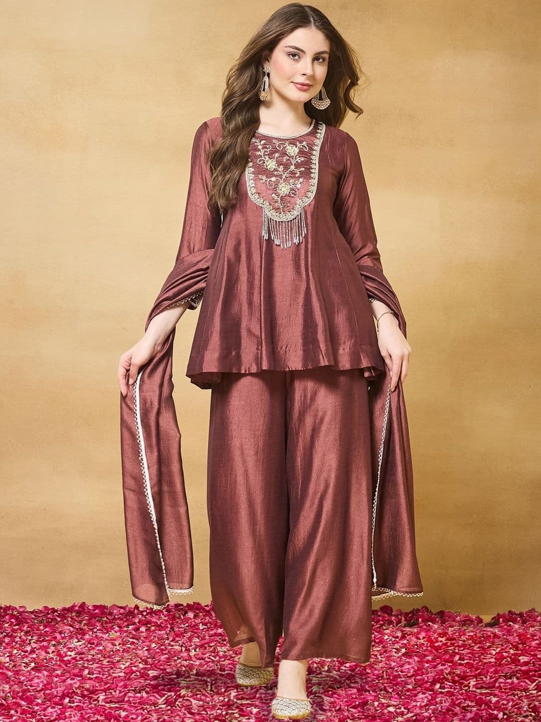 Colors of Earth Colors of Earth Silk Embroidered Beadswork Peplum Kurti And Sharara Set With Dupatta - view 1