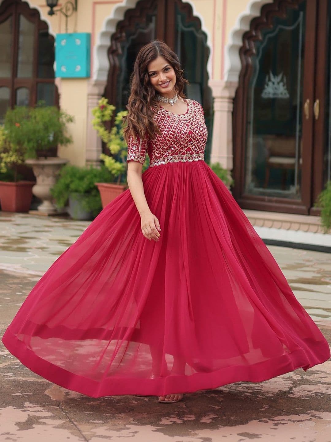 HERE&NOW Embroidered Round Neck Fit and Flare Ethnic Dresses - view 1