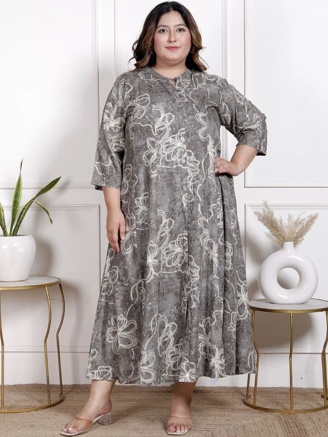 Sztori Printed Mandarin-Collar Flared Ethnic Dress - view 1