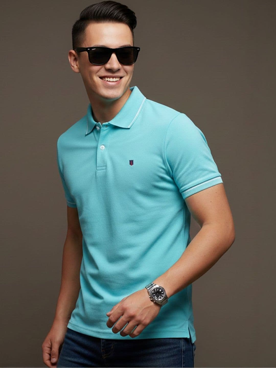 GENZA Turquoise Blue Polo Collar T-shirt - view 1