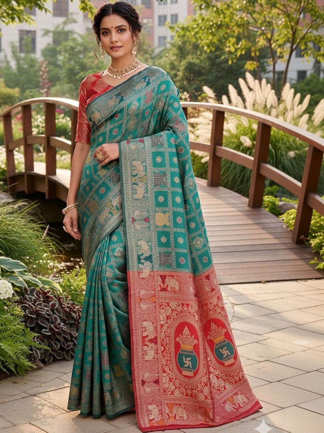 HERE&NOW Ethnic Motifs Zari Art Silk Heavy Work Kanjeevaram Saree - view 1