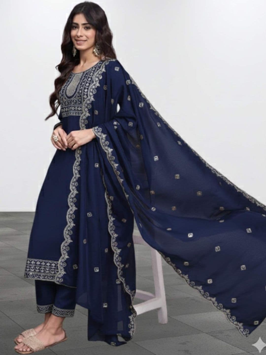 MITUDAY Women Ethnic Motifs Embroidered Regular Thread Work Kurta with Trousers & With Dupatta - view 1