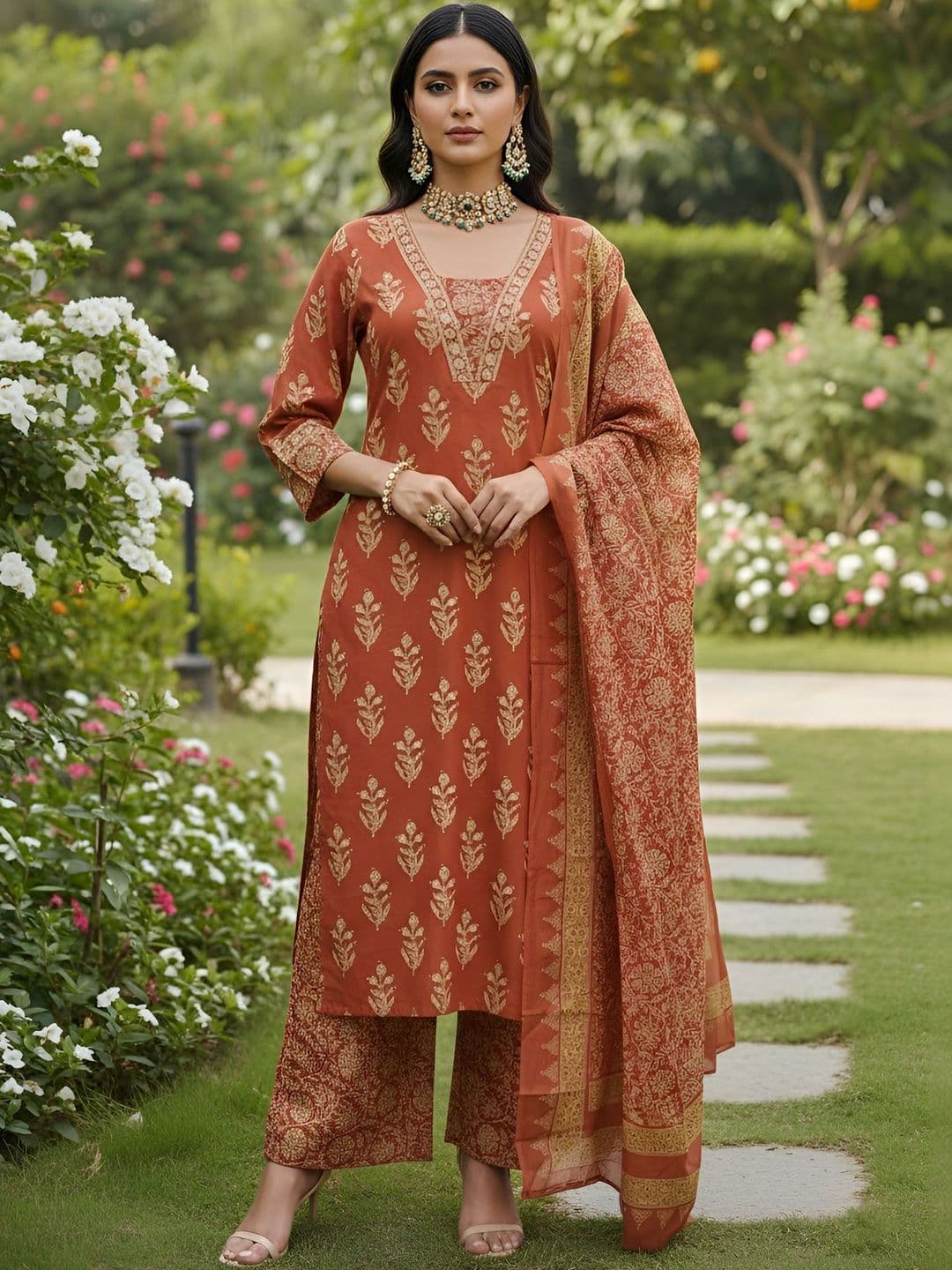 Nayo Women Ethnic Motifs Printed Regular Pure Cotton Kurta with Palazzos & With Dupatta - view 1