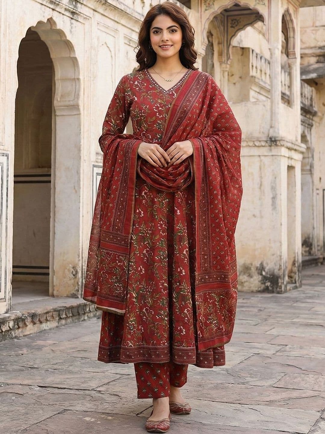 Anouk Women Floral Printed Angrakha Pure Cotton Kurta with Churidar & With Dupatta - view 1