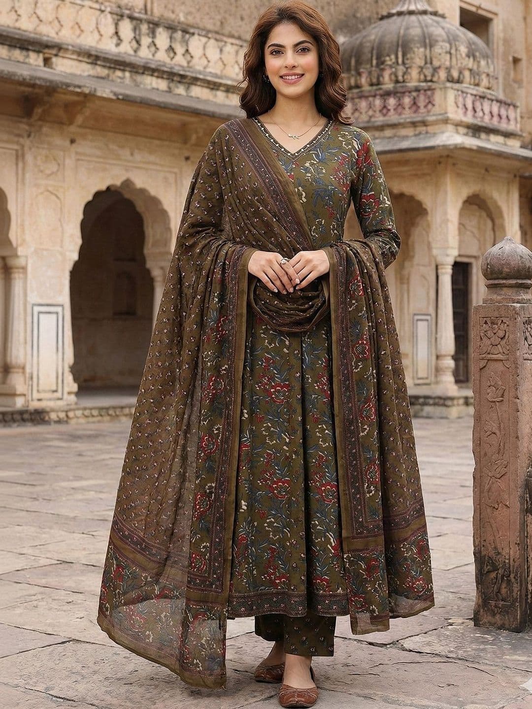Anouk Women Floral Printed Angrakha Mirror Work Pure Cotton Kurta with Trousers & With Dupatta - view 1