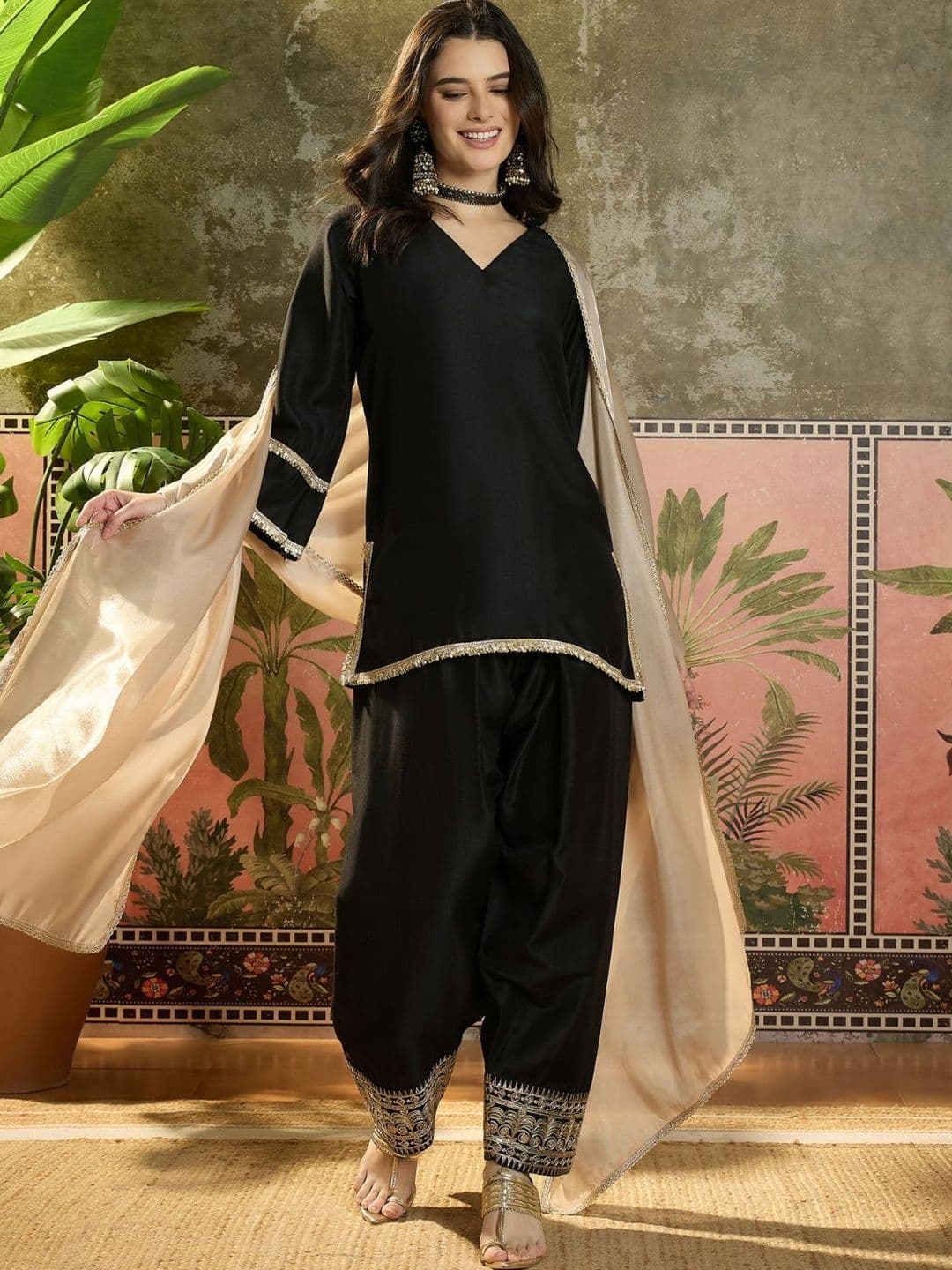 Ethnic Junction Women Cotton Embroidered Straight Kurta And Farshi Salwar With Dupatta Set - view 1