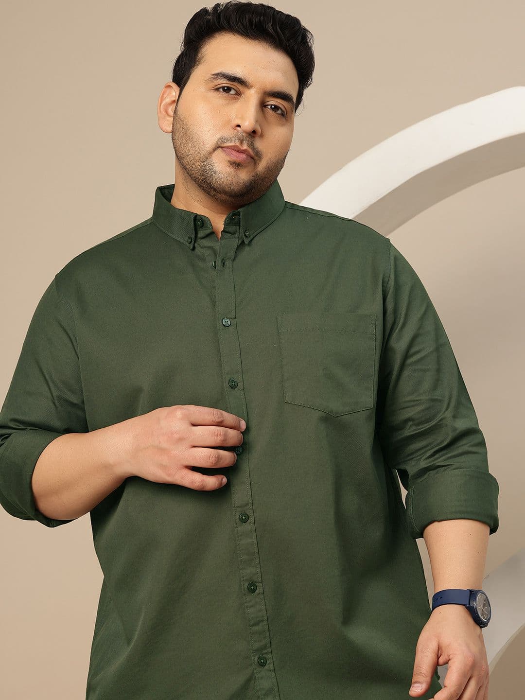 Sztori Plus Size Button-Down Collar Pure Cotton Casual Shirt - view 1