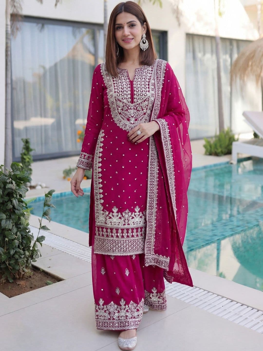 Sangria Embroidered Round Neck Straight Kurta & Sharara With Dupatta - view 1