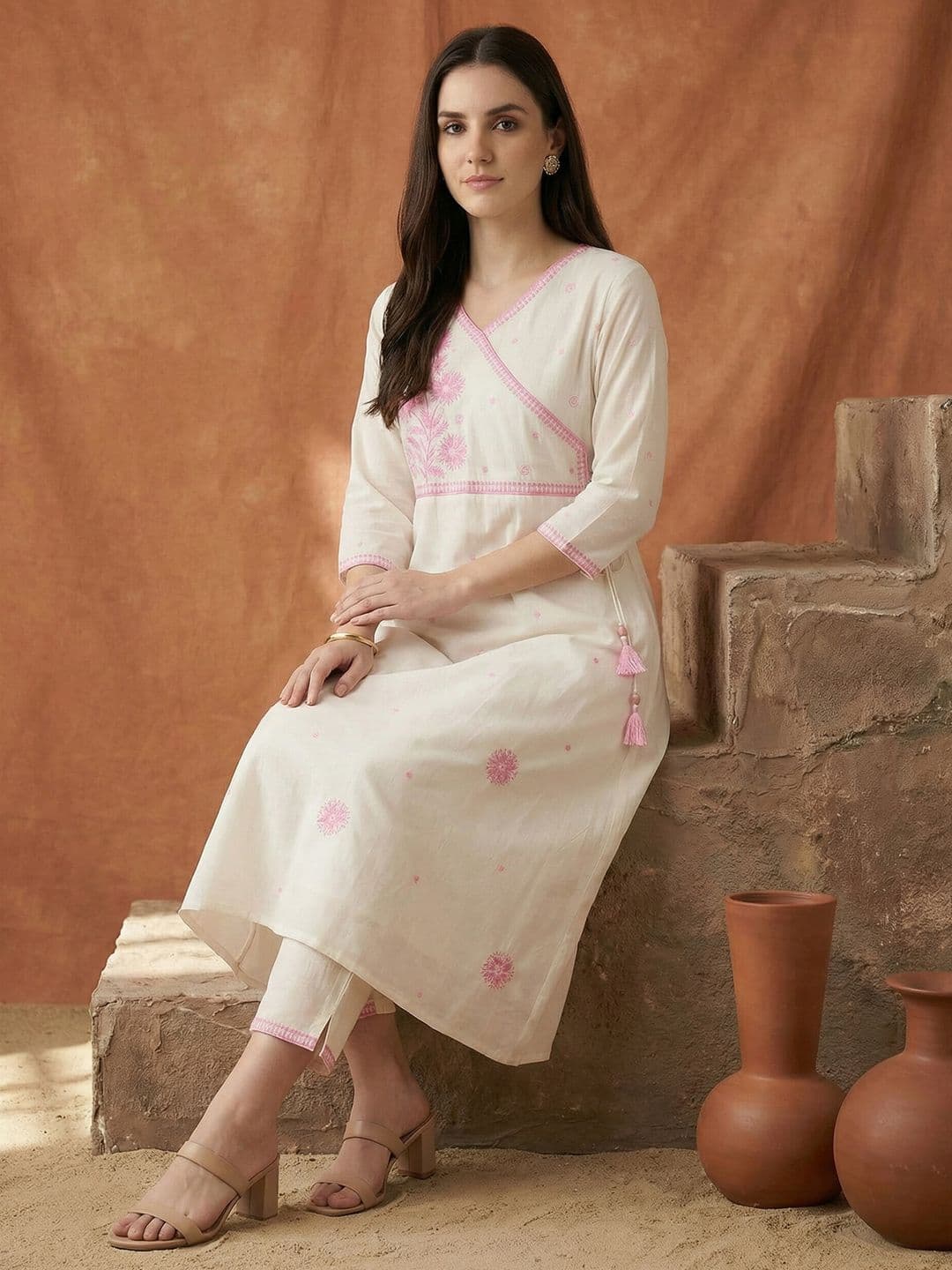 Indo Era Women Floral Embroidered Angrakha Thread Work Pure Cotton Kurta with Trousers - view 1