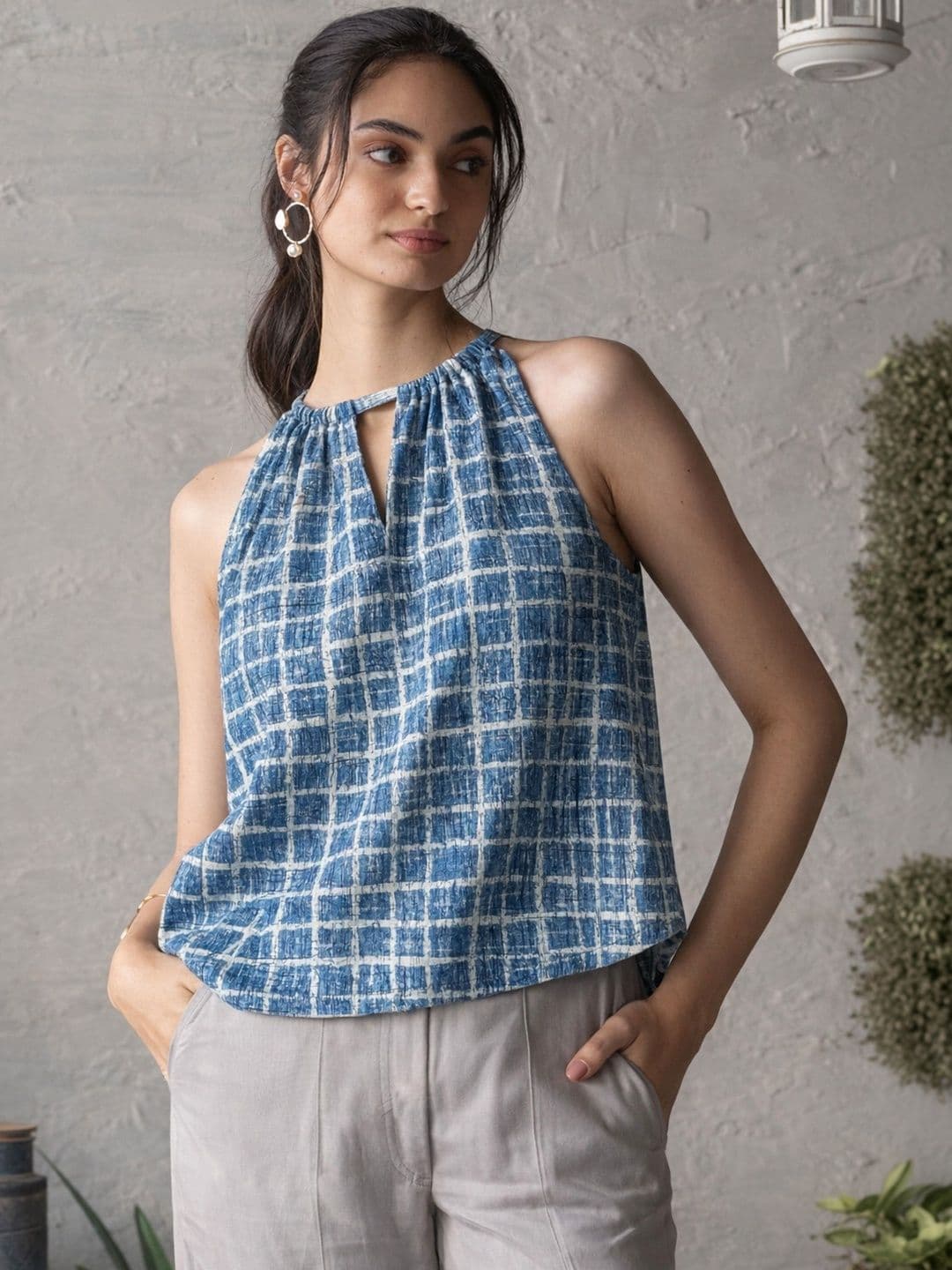 Canoopi Geometric Print Halter Neck Cotton Tank Top - view 1