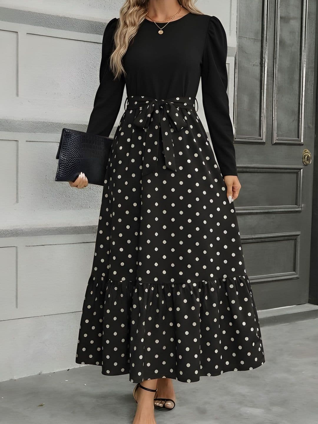 AmorLuxe Polka Dot Print Puff Sleeve A-Line Maxi Dress - view 1