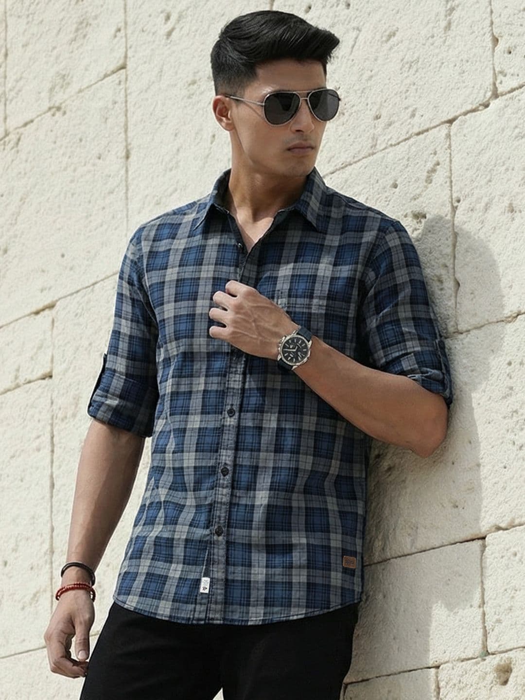 Roadster Men Navy Blue & Grey Regular Fit Checked Sustainable Casual Shirt - view 1